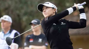 Lydia Ko tees off on the first hole at the Grant Thornton Invitational at Tiburon Golf Club in Naples on Friday, Dec. 8, 2023.